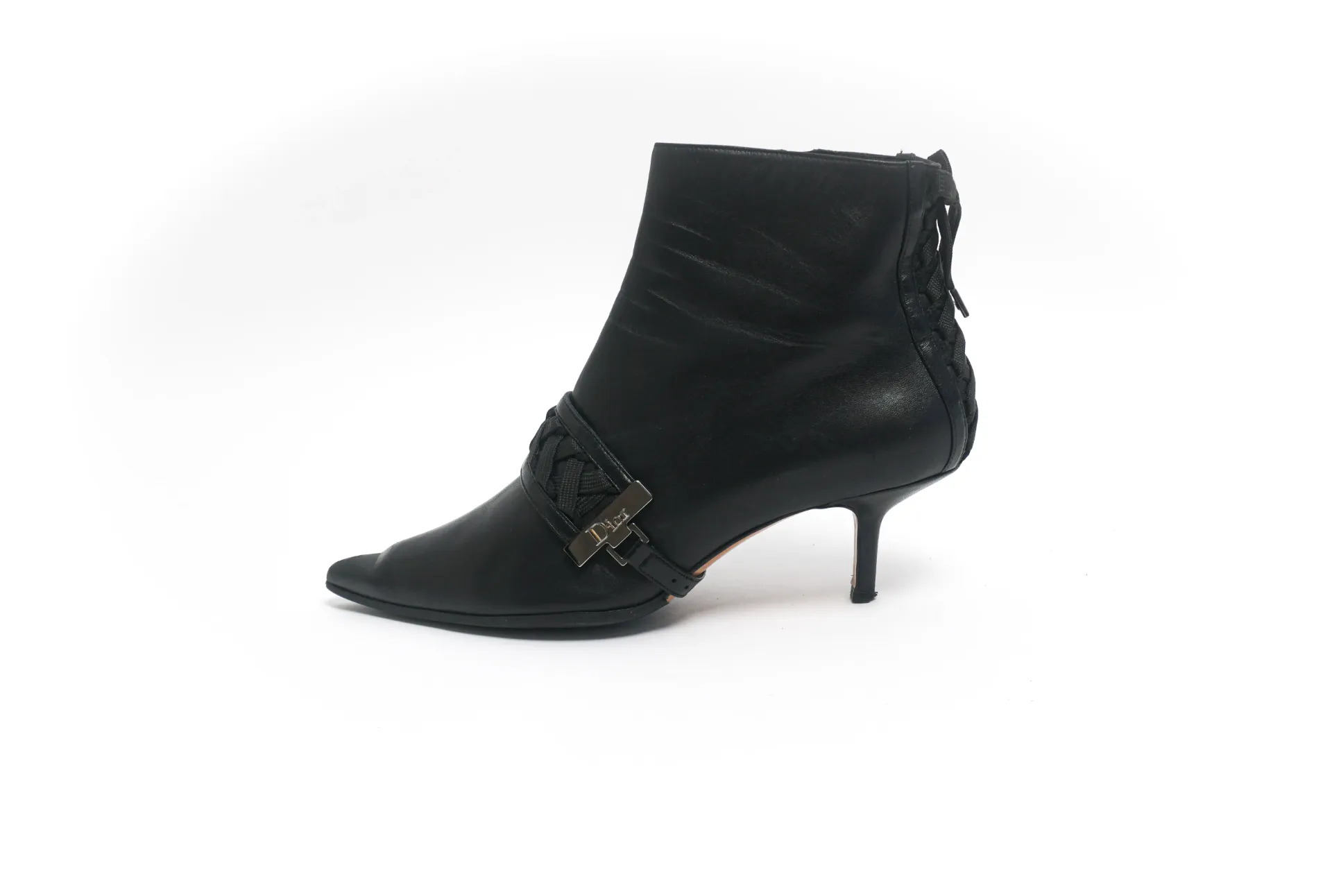 [23003] Bottines Christian Dior en cuir noir avec sangle tressée