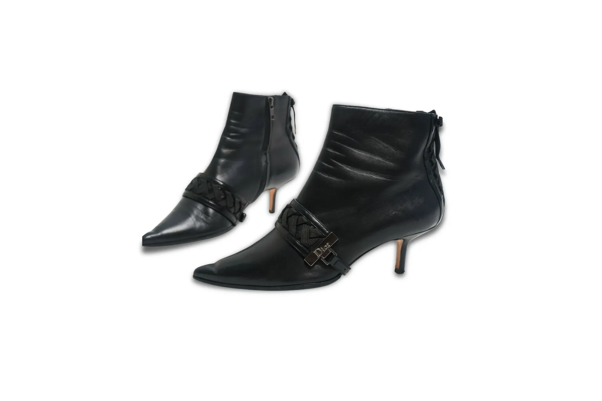 Bottines Christian Dior en cuir noir avec sangle tressée