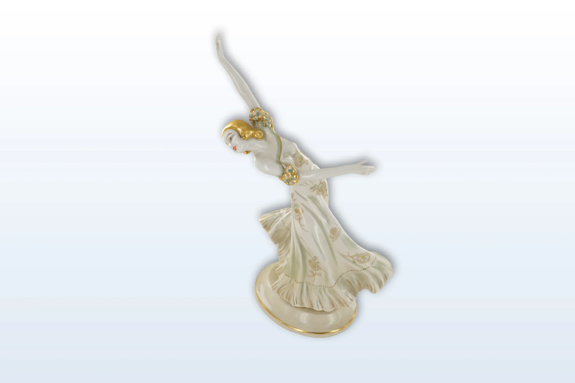 [DV1-01] Figurine porcelaine Schaubach Kunst, danseuse aux bras levés, robe fleurie dorée