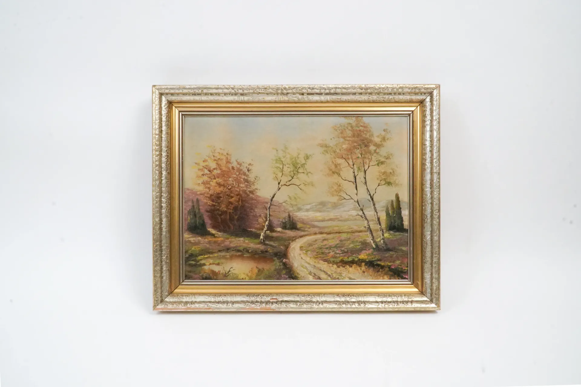 [DV28-02] Paysage d'automne au chemin de campagne — huile sur planche, anonyme