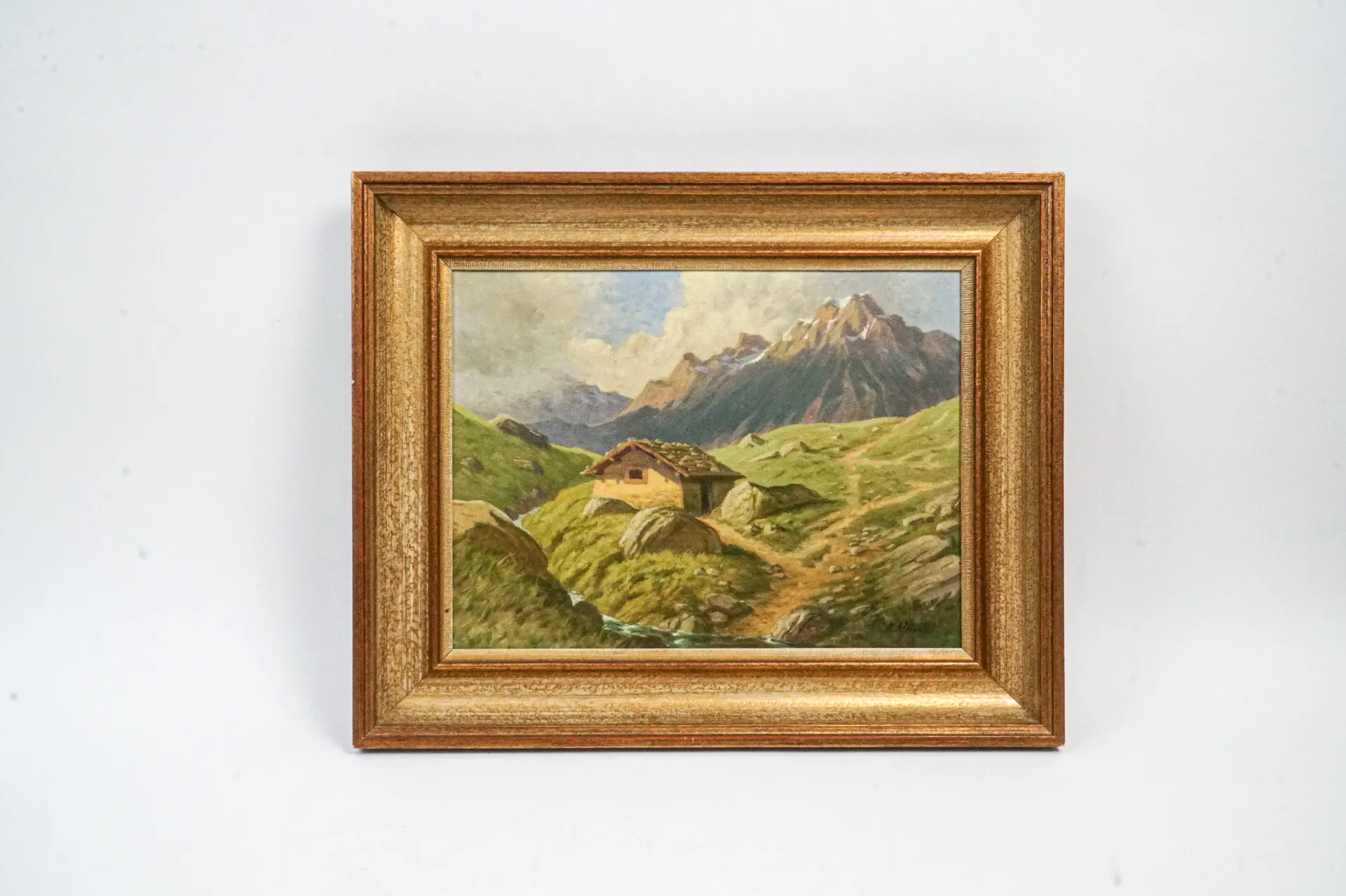 [DV28-04] Vue de montagne avec chalet et sentiers — peinture signée A. Girardet (?)