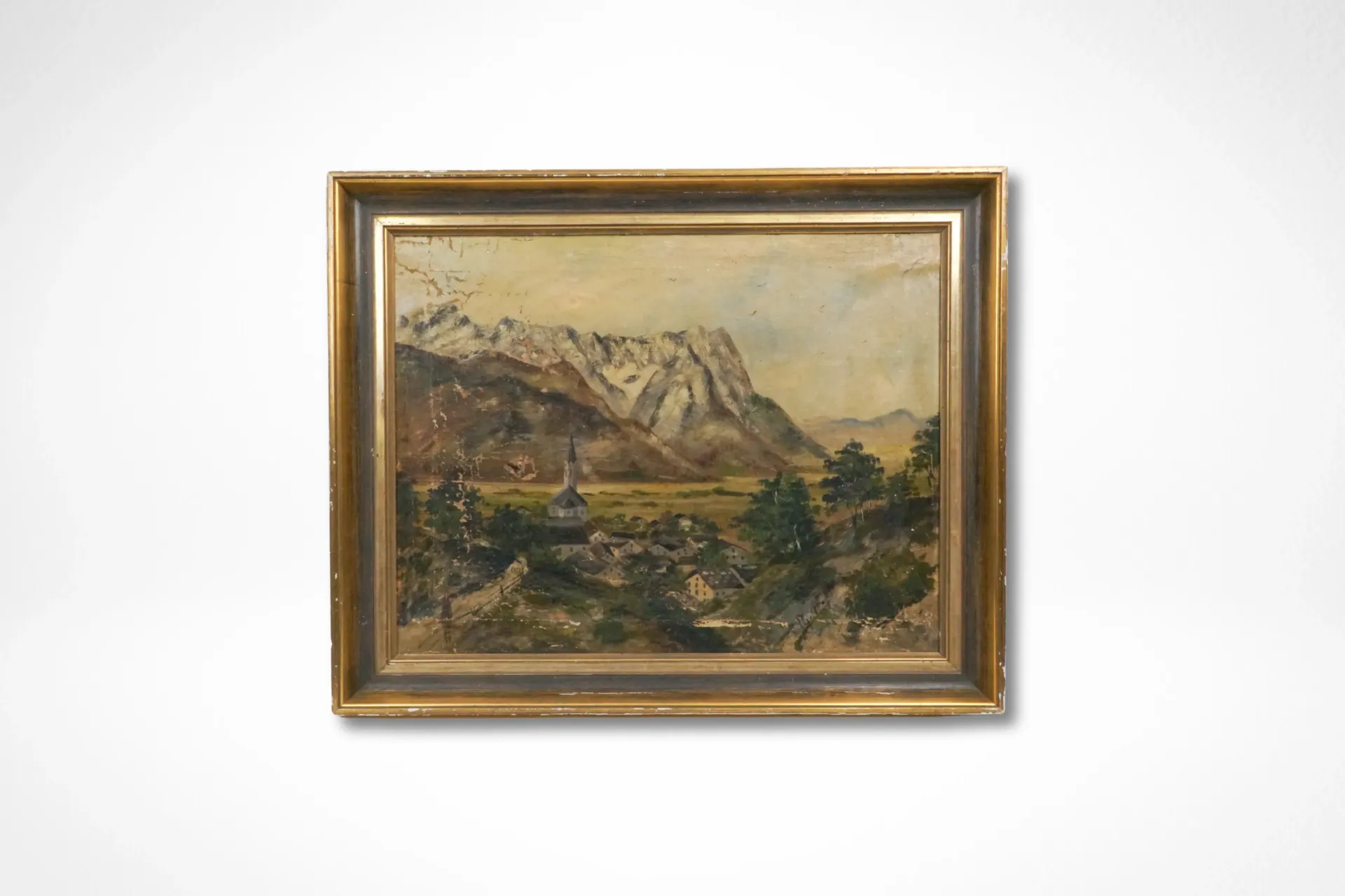 [DV28-05] Paysage de village alpin avec église — huile sur toile, signature illisible