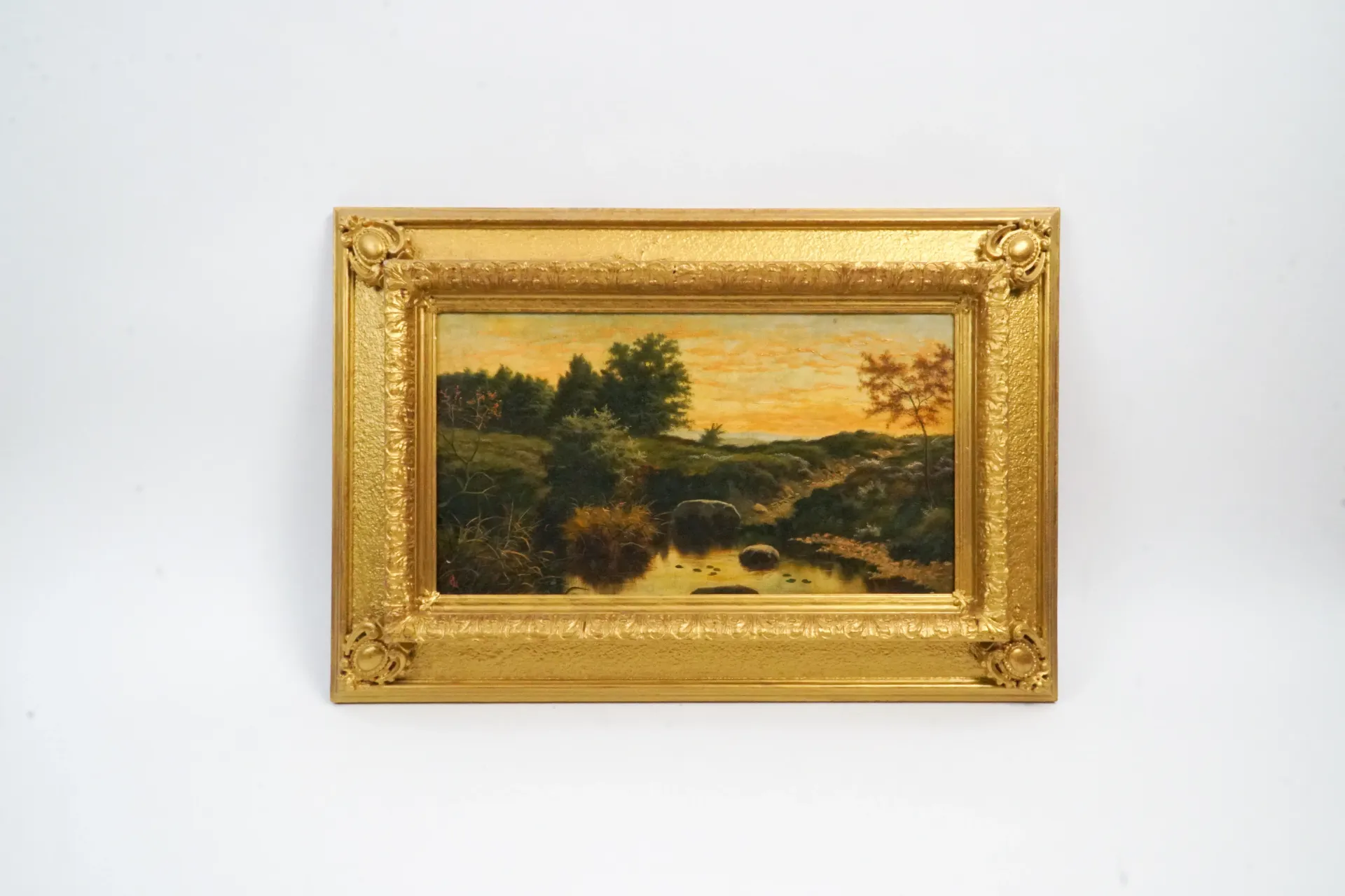 [DV28-07] Paysage de crépuscule au ruisseau — huile sur toile, monogrammée