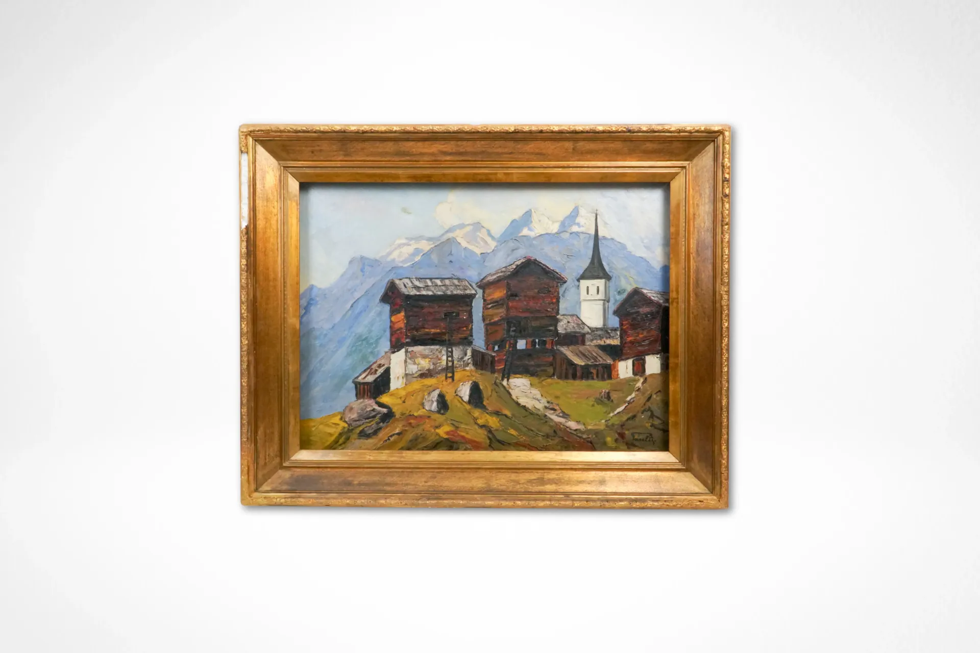 [DV28-09] Village valaisan, raccards et clocher sous les Alpes — huile sur toile, signée Farelli